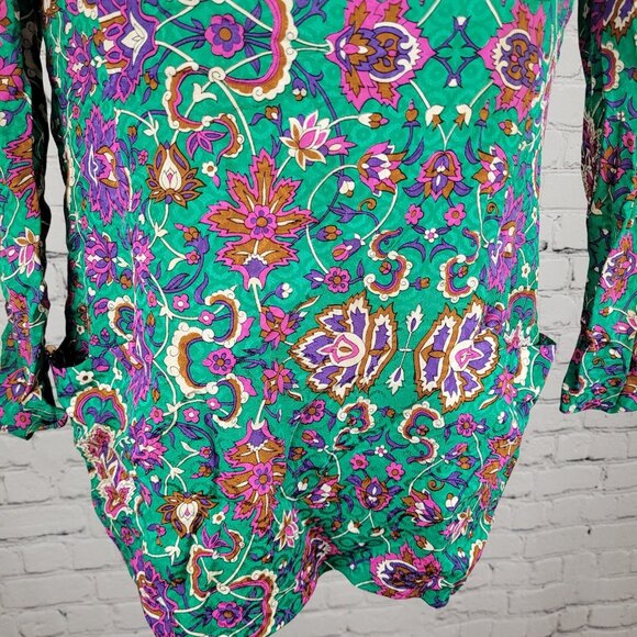NWT VTG Richard Warren Green 100% Silk Floral Gold Button Long Sleeve Blouse 4 - Picture 5 of 16